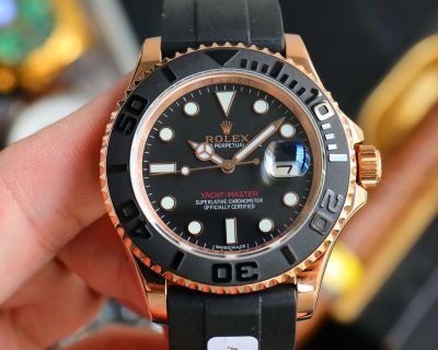 Rolex Yacht-Master 40MM Swiss-2836 Watches - 904L Yellow Gold Steel Case Black Dial Black Rubber Band